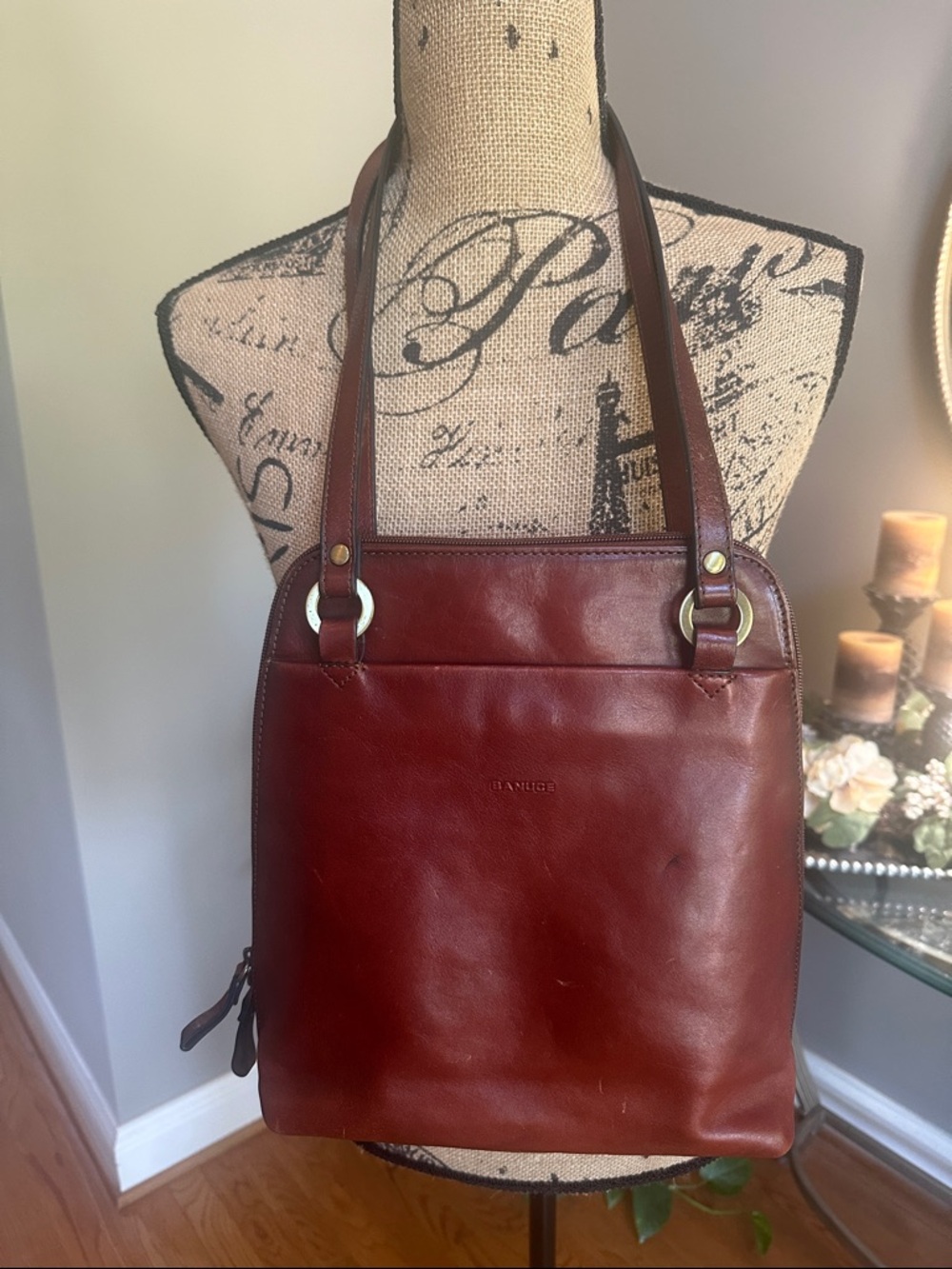 Banuce full grain Brown Leather backpack Bag - convertible. Vintage